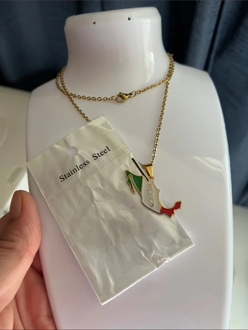 Stainless Steel Gold Mexico Map Pendant Necklace with Green, White, Red Enamel
